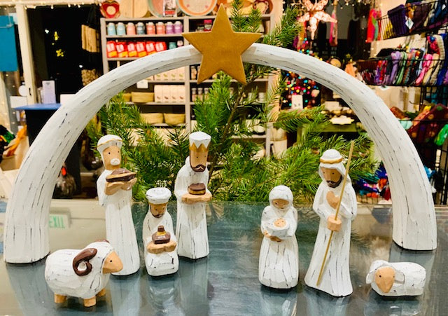 Nativity, 8 Piece Albizia Wood with Christmas Star